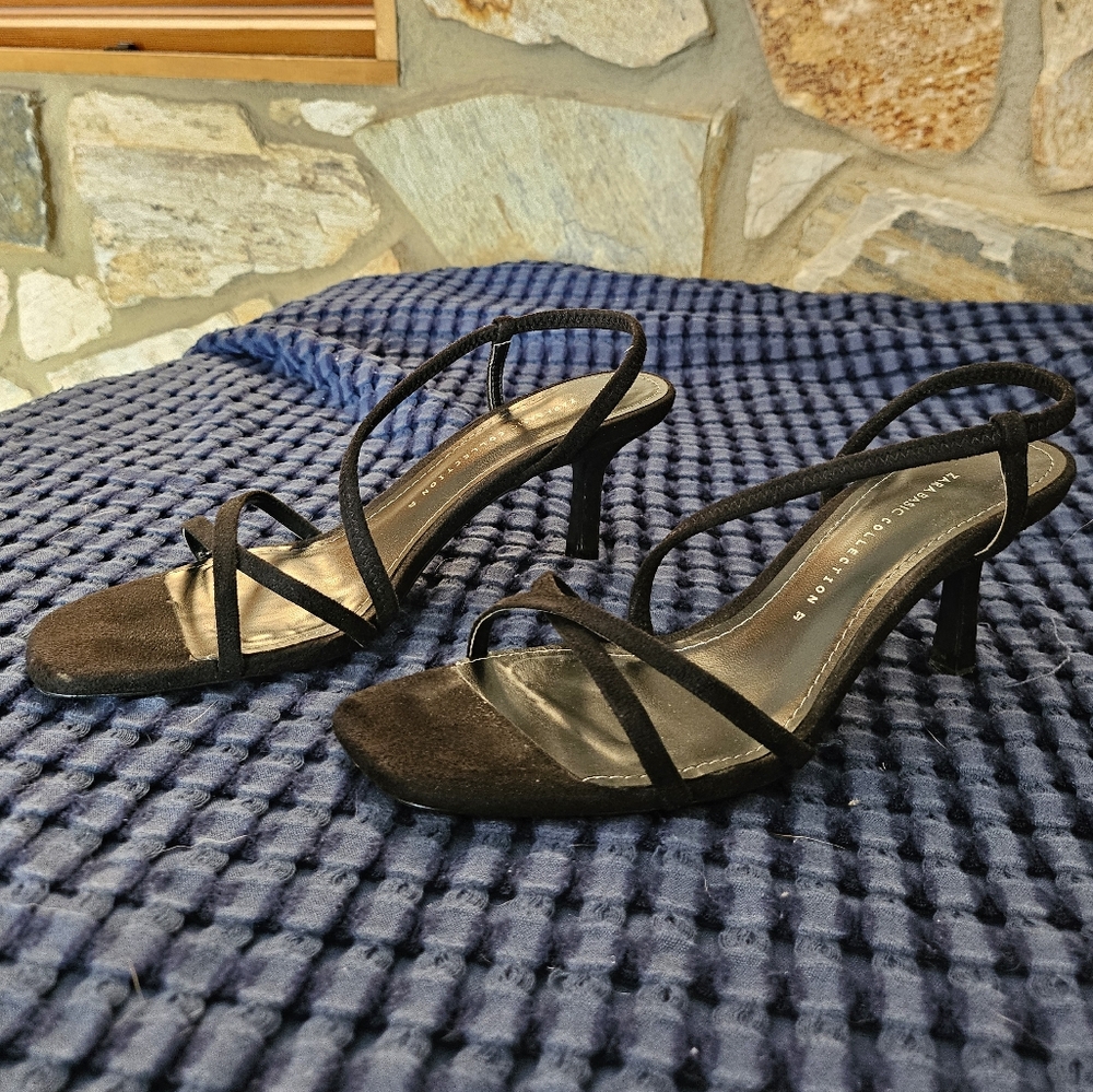 Zara Basic Black Suede Strappy Kitten Heels